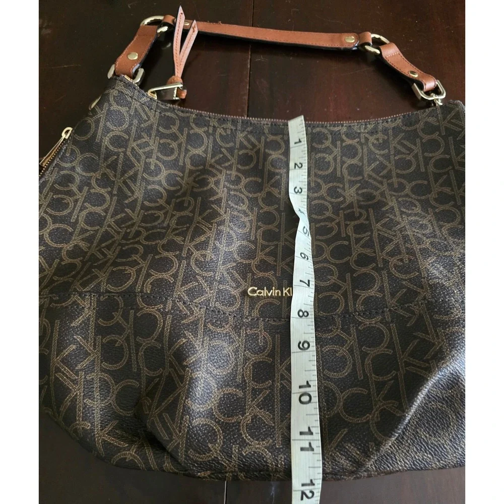 Calvin Klein Brown Monogram Logo Hobo Shoulder Bag Gold Hardware Large
